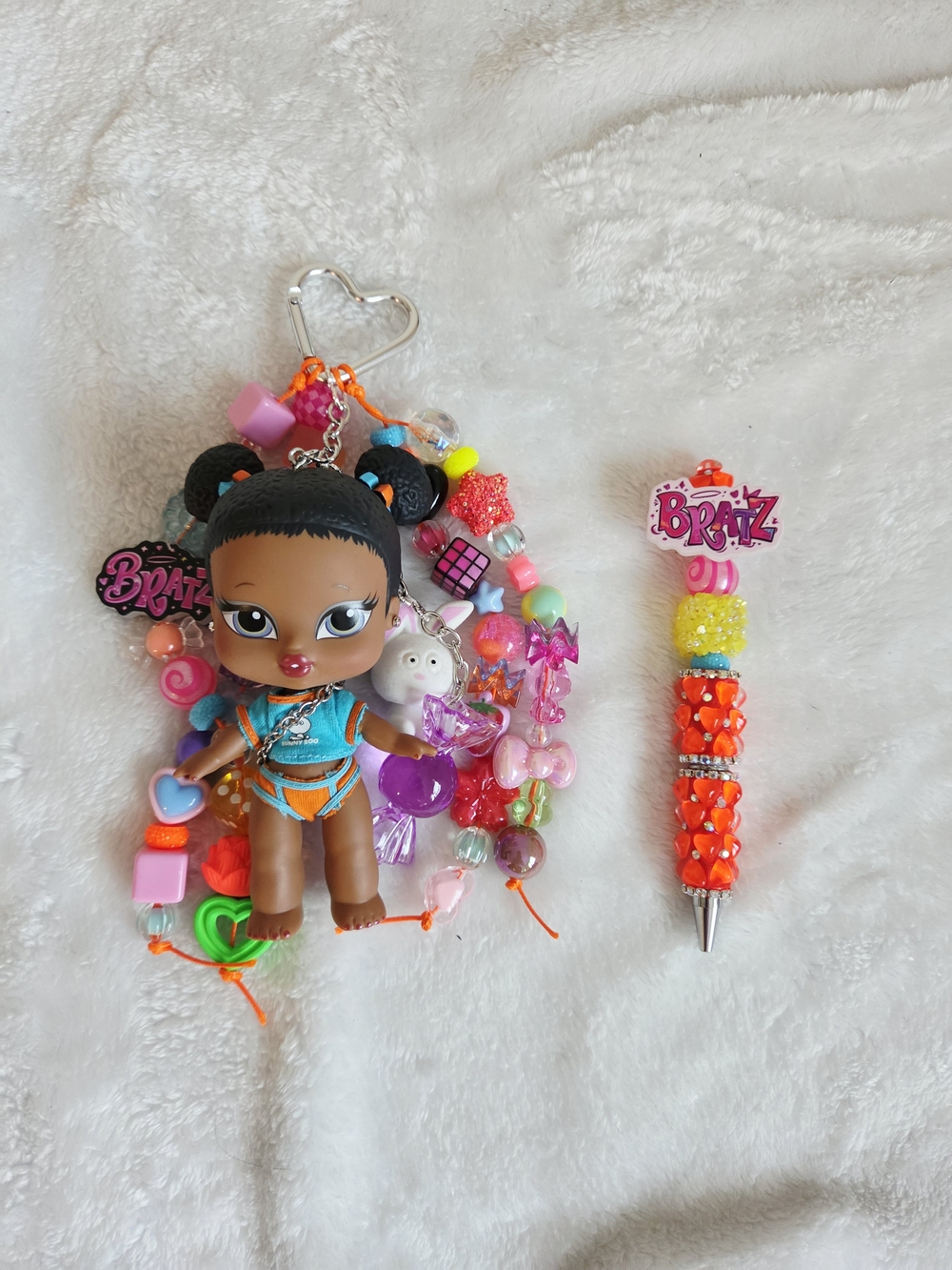 Bratz Doll Sasha Keychain with Orange & Pink Beaded Charms Pen And Bag Charm Set